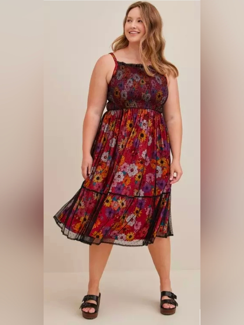 Torrid Smocked Tiered Midi Dress - Swiss Dot Mesh Floral Red 1X - Picture 5 of 11